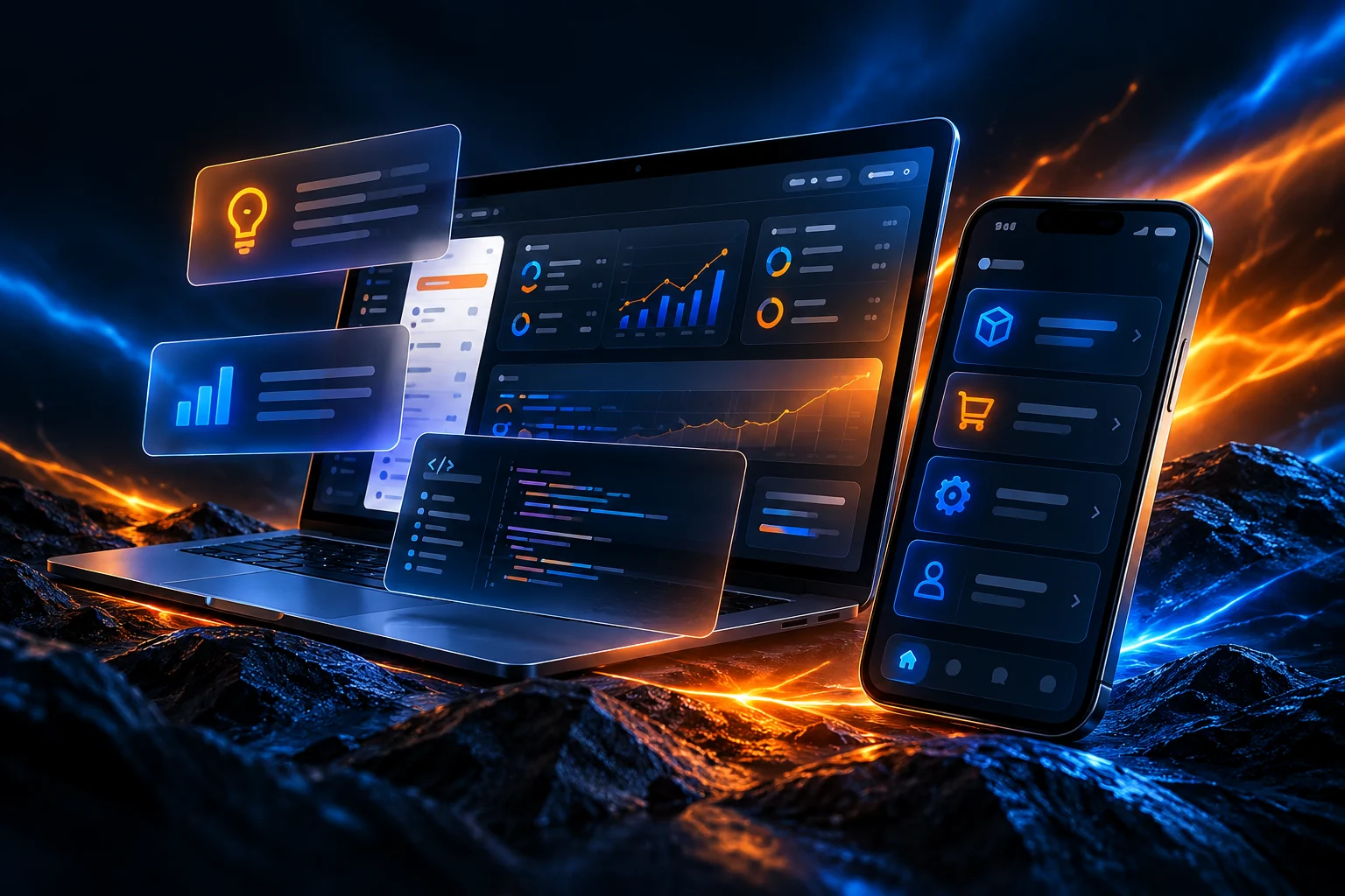 Laptop y celular con interfaces de software a medida